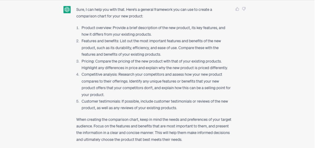 Developing product comparison charts